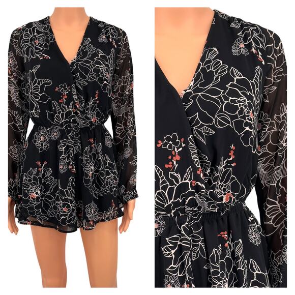 ASTR Black Floral Romper Size Medium Chiffon Boho Dark Romantic Festival Casual - Picture 2 of 16